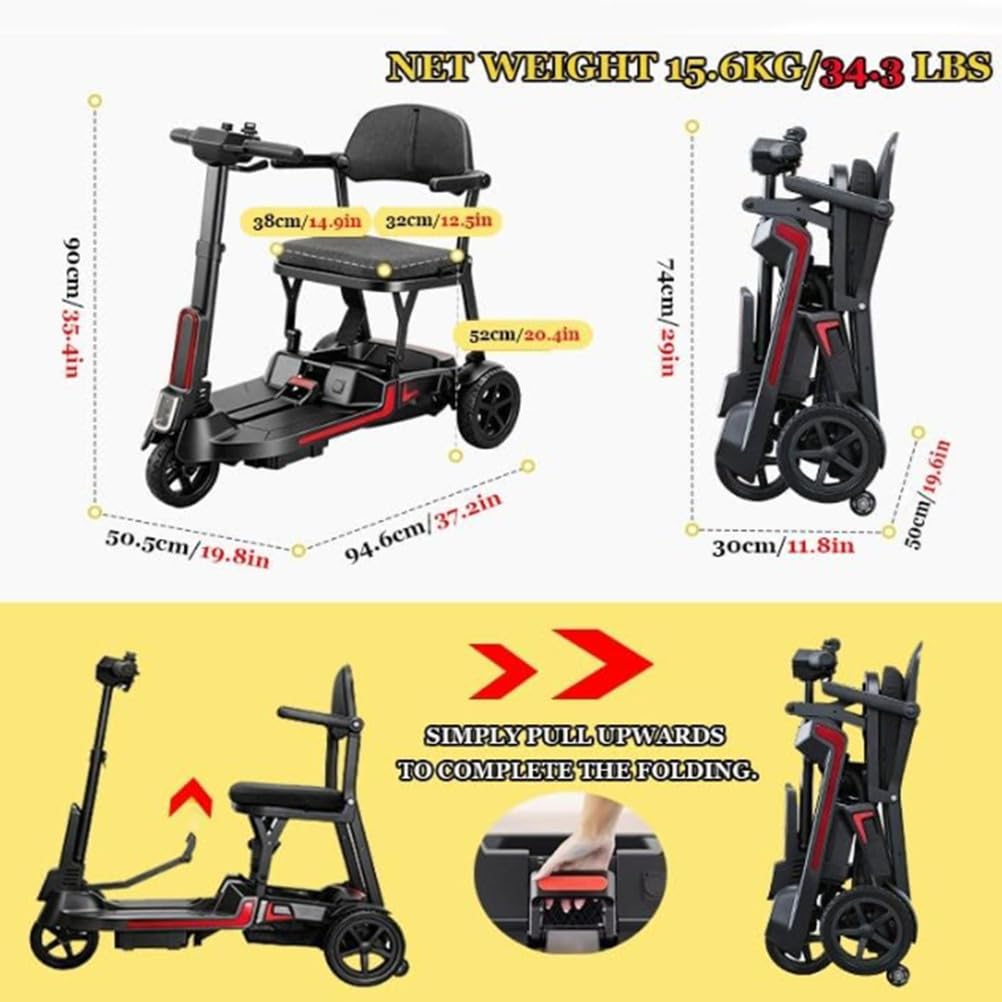 BCBKD Ligero (30 Libras) Scooter De Movilidad para Adultos Y Personas Mayores, Radio De Giro De 33 Pulgadas, Scooter De Movilidad Plegable De 3 Ruedas con Batería De Litio Doble