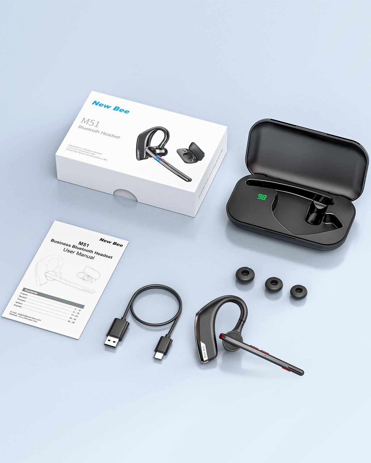 New Bee Auricolare Bluetooth Singolo V5.2 Auricolare Bluetooth con CVC8.0 e ENC Doppio Microfono con Custodia di LED Ricarica per Ufficio, Lavoro, Guida