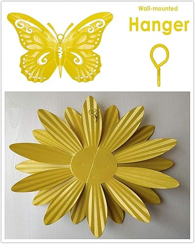 Miniatura 8 de Meduofon Decoración de pared de flores de metal y arte de pared de mariposa, 3 piezas de metal para decoración de pared al aire libre, esculturas de