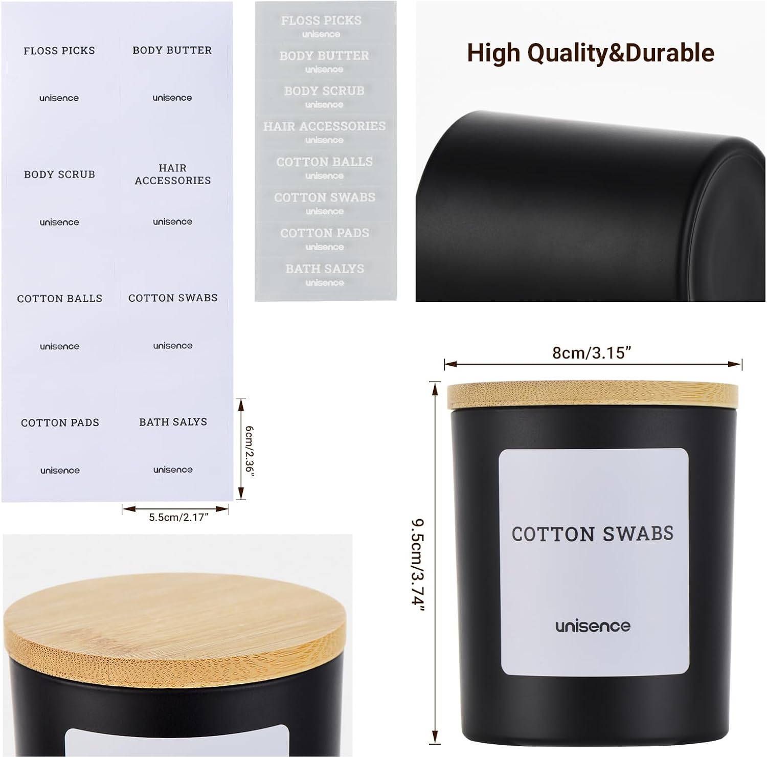 Glass Qtip Holder 2 Pack , Qtip Holder Dispenser Bathroom Set Bathroom Organizers and Storage Q tip Holder with Lid Makeup Storage Organizer for Cotton Swabs,Cotton Balls,Pads,Floss Picks ,Black image 5