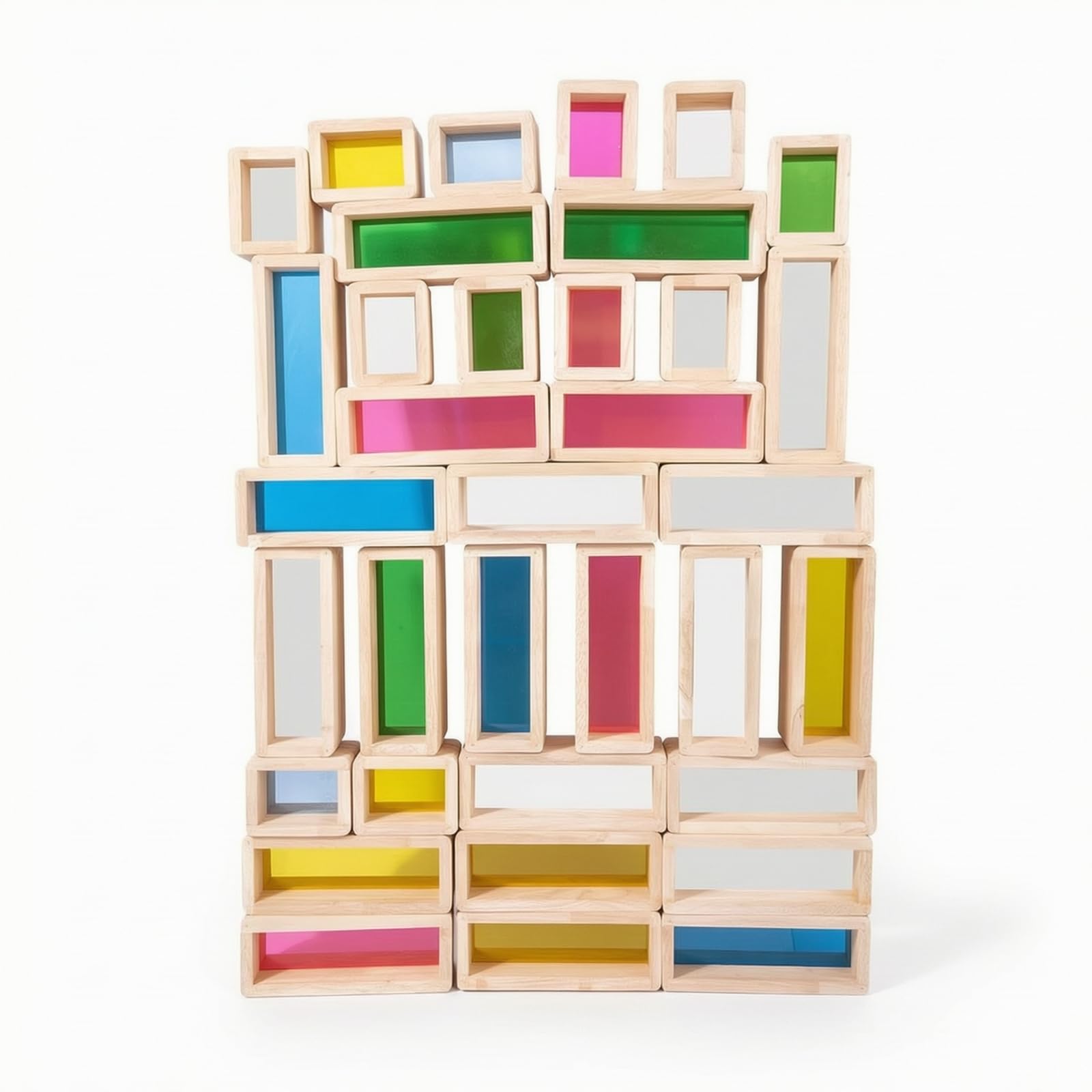 36 Stück Kinder Lernbausteine Holzbausteine Steckbausteine Konstruktionsklötze mit Glatter Oberfläche Und Farbwechselnden Acrylfenstern für Räumliches Denken für Unterricht Kita Spielzimmer