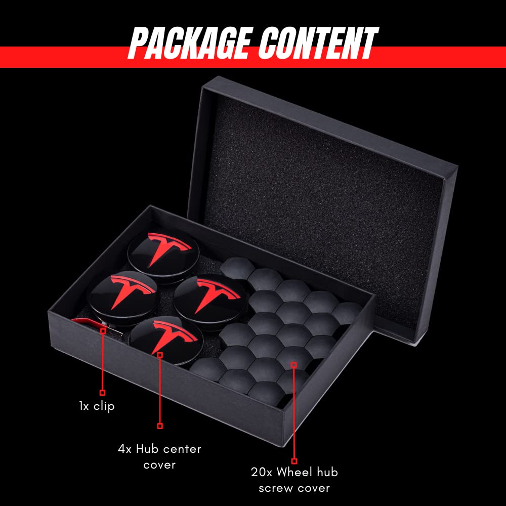 Set Coprimozzo e Copridadi Ruota Magic Select, compatibile con TESLA Model 3 Car. Kit Coprimozzo e Tappi Dadi Ruota Cerchione. (4 coprimozzi + 20 pezzi di cappuccio dado ruota)