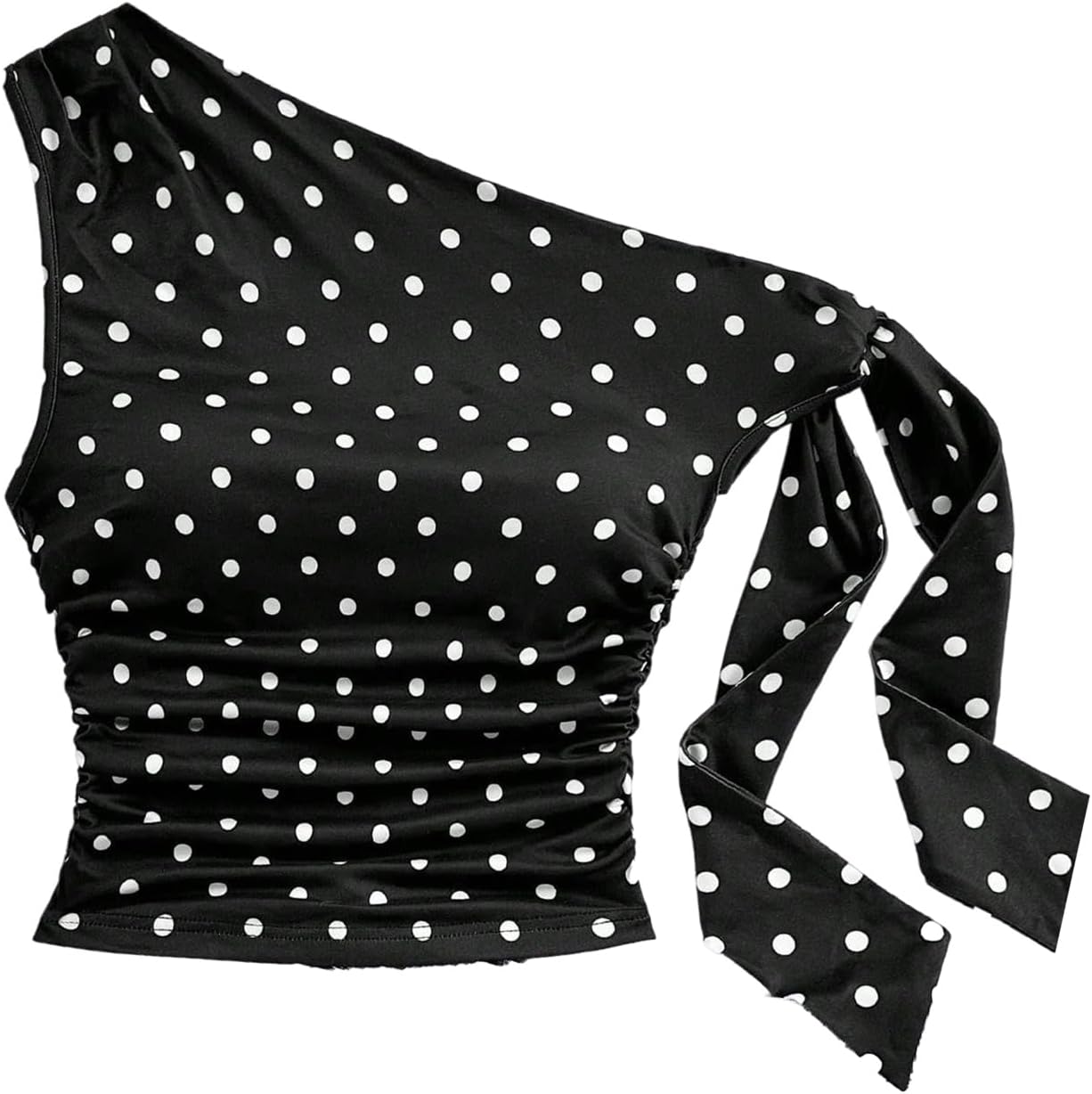 BEAUDRM Women's Polka Dots Crop Tops Y2k Ruched Off The Shoulder Asymmetrical Neck Fitted Going Out T Shirts