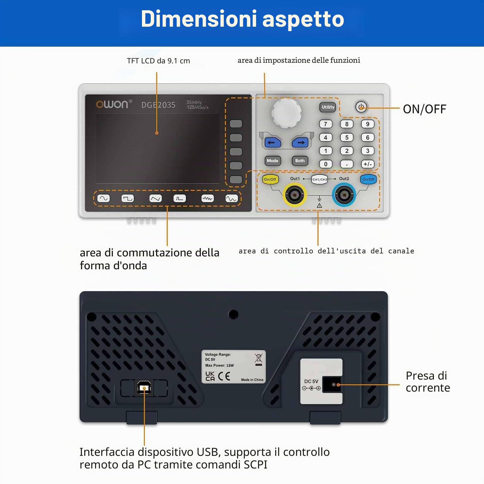 OWON DGE2035 Generatore portatile di forme d'onda arbitrarie, display LCD da 3,6 pollici, doppio canale, uscita di frequenza da 35 MHz, frequenza di campionamento massima di 150MSa/s generatore