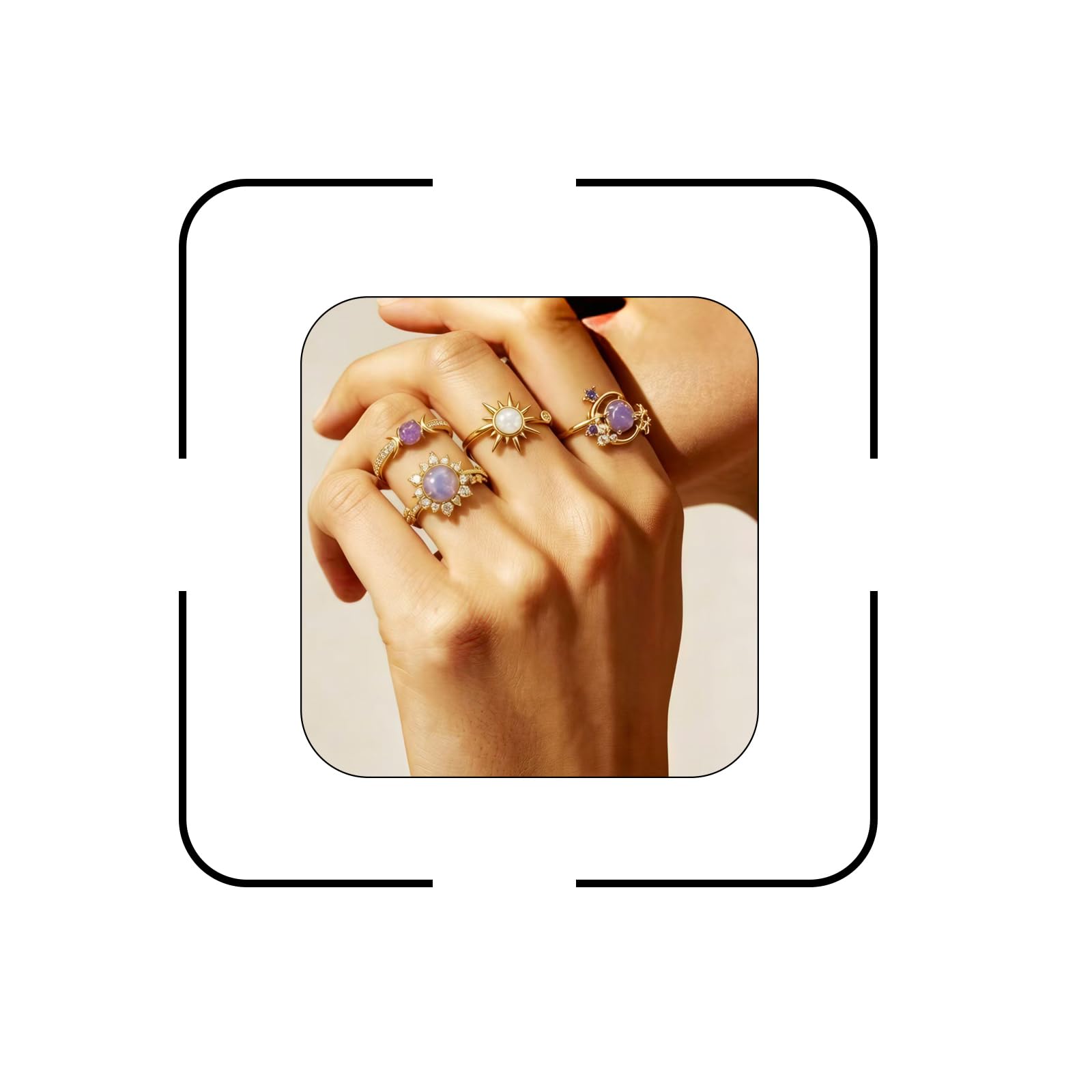 Chunky Gold Ring Set Purple Stackable Rings for Women Non Tarnish Sun Moon Star Ring Knuckle Sparkly Rhinestone Crystal Thumb Open Rings Fashion Jewelry Accessary