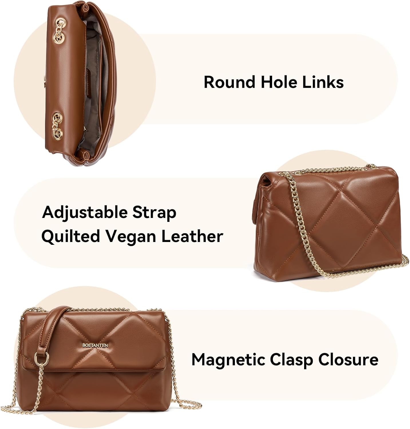 BOSTANTEN Shoulder Bag for Women Small Purse Vegan Leather Quilted Crossbody Bags With Chain Trendy Ladies Handbags - Image 3