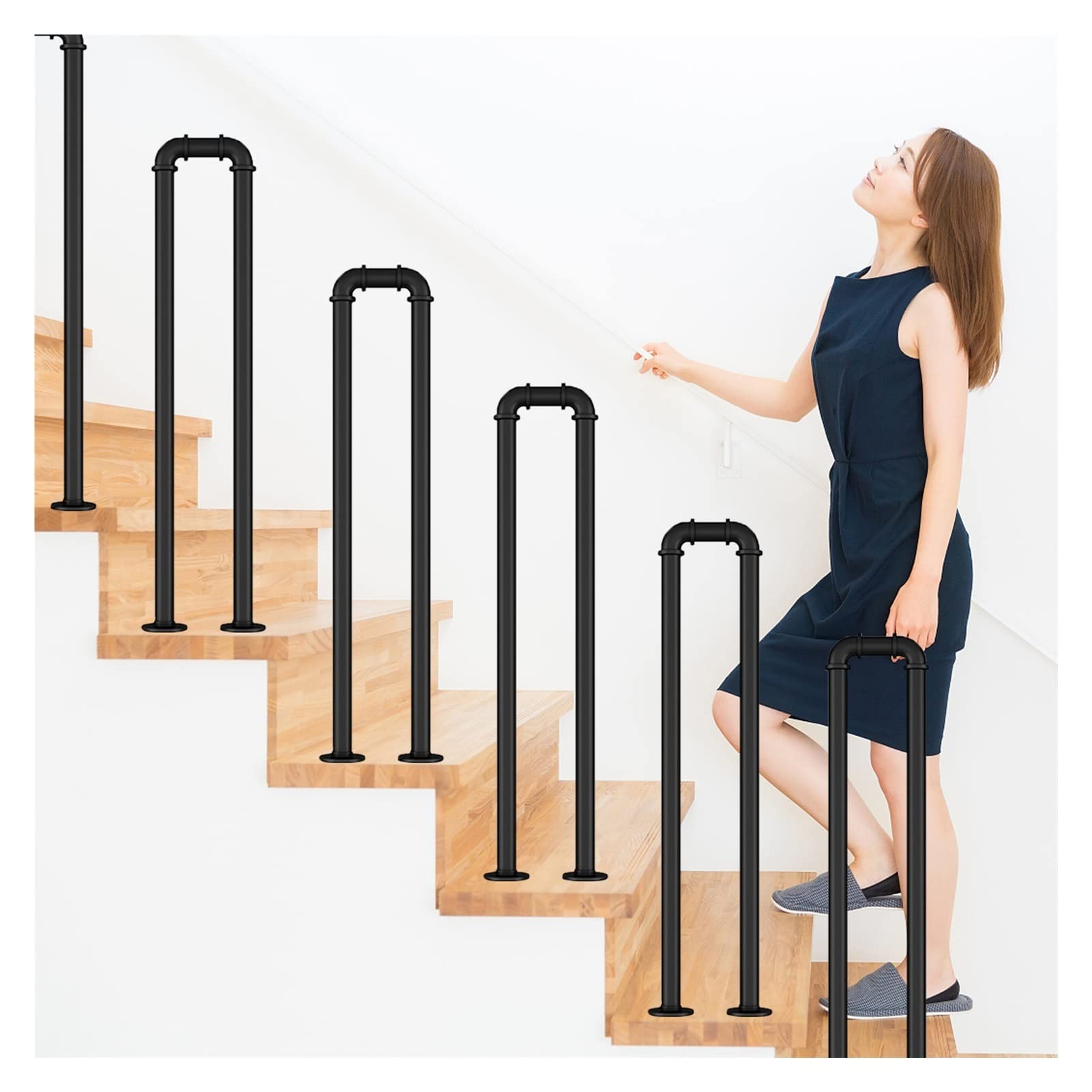 Meiiron Black Staircase Handrail Complete Set Indoor Outdoor Grab Rail Anti-Slip Stair Railing Iron Banister Hand With Metal Bracket Fitting, Sturdy Metal Barckets (1 Pc) ( Color : Size : 65Cm(25.6") )