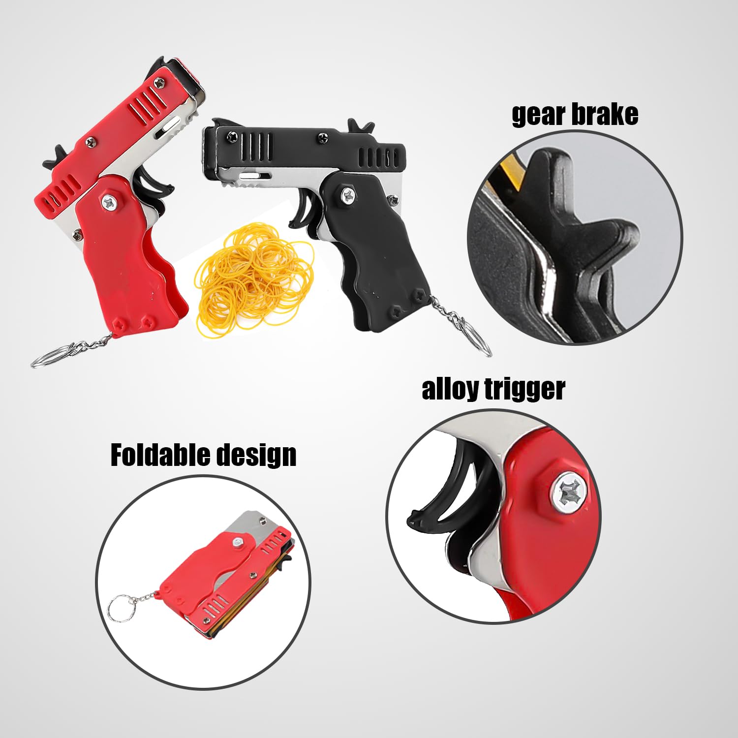 Pistolet gumowy z 180 gumowymi taśmami, składany pistolet zabawkowy, gumowy pistolet zabawkowy, metalowy brelok do kluczy, wisiorek, odpowiedni dla dzieci i dorosłych (czerwony, czarny)