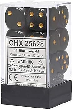 Chessex Manufacturing DND Dice Set-Chessex D&D Dice-16mm Opaque Black and Gold Plastic Polyhedral Dice Set-Dungeons and Dragons Dice Includes 12 Dice D6,Various,CHX25628