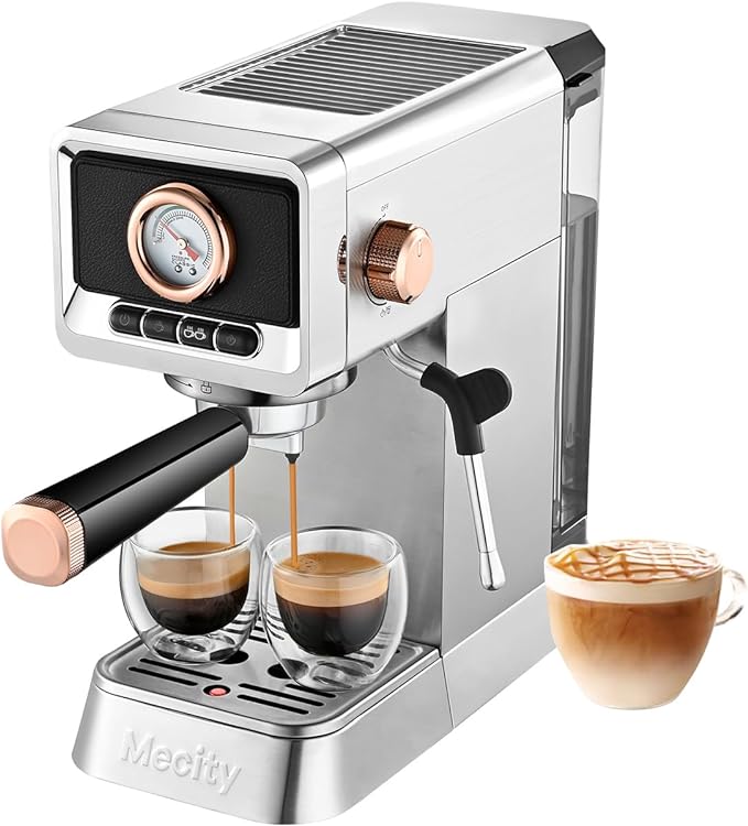 Front view of the Mecity espresso machine showing the brushed stainless steel body, control panel, water tank, and portafilter.