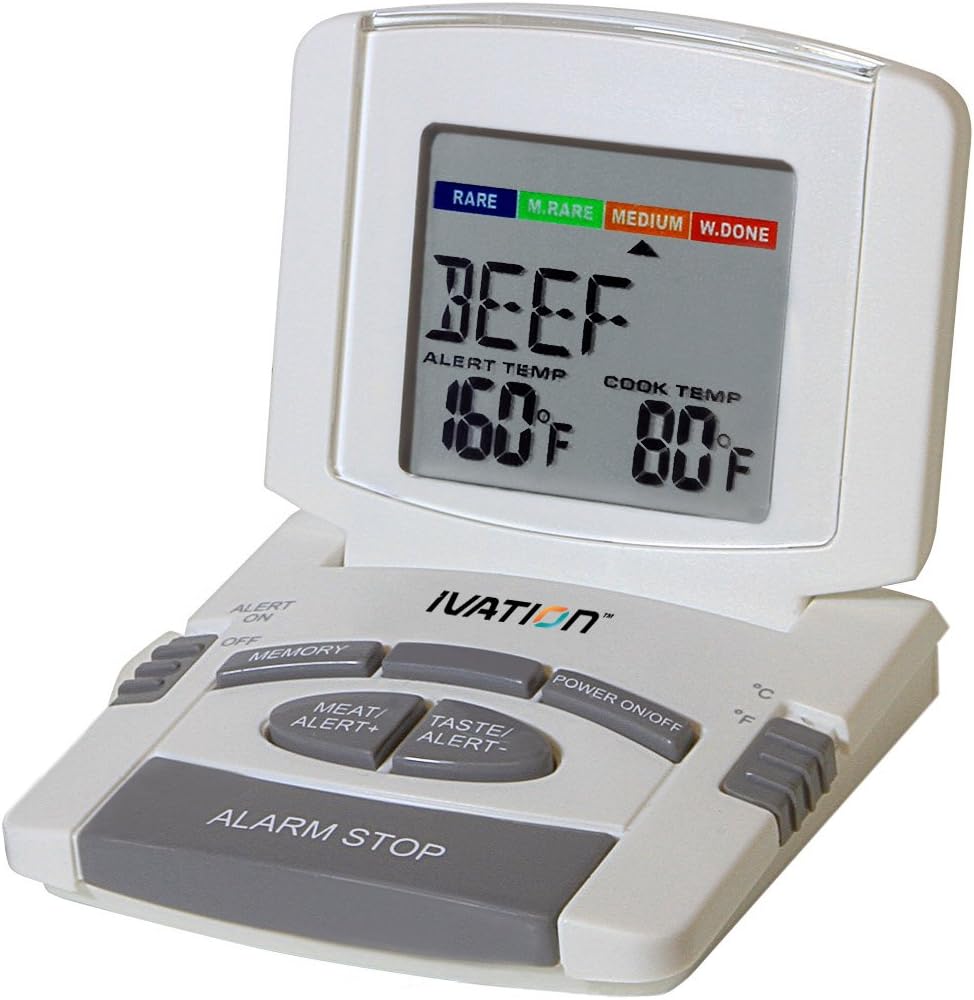 Ivation Digital Programmable Grilling / Barbecue Probe Thermometer with Taste Settings and Alarm - Never overcook your Meats and Poultrys again, White With Grey Bottoms,