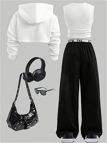 OYOANGLE Girl's Fall Clothes Set Star Graphic Tank Top and High Low Hem Hoodie with Cargo Pants Y2K Athleisure Sets(Black White,10 Years)