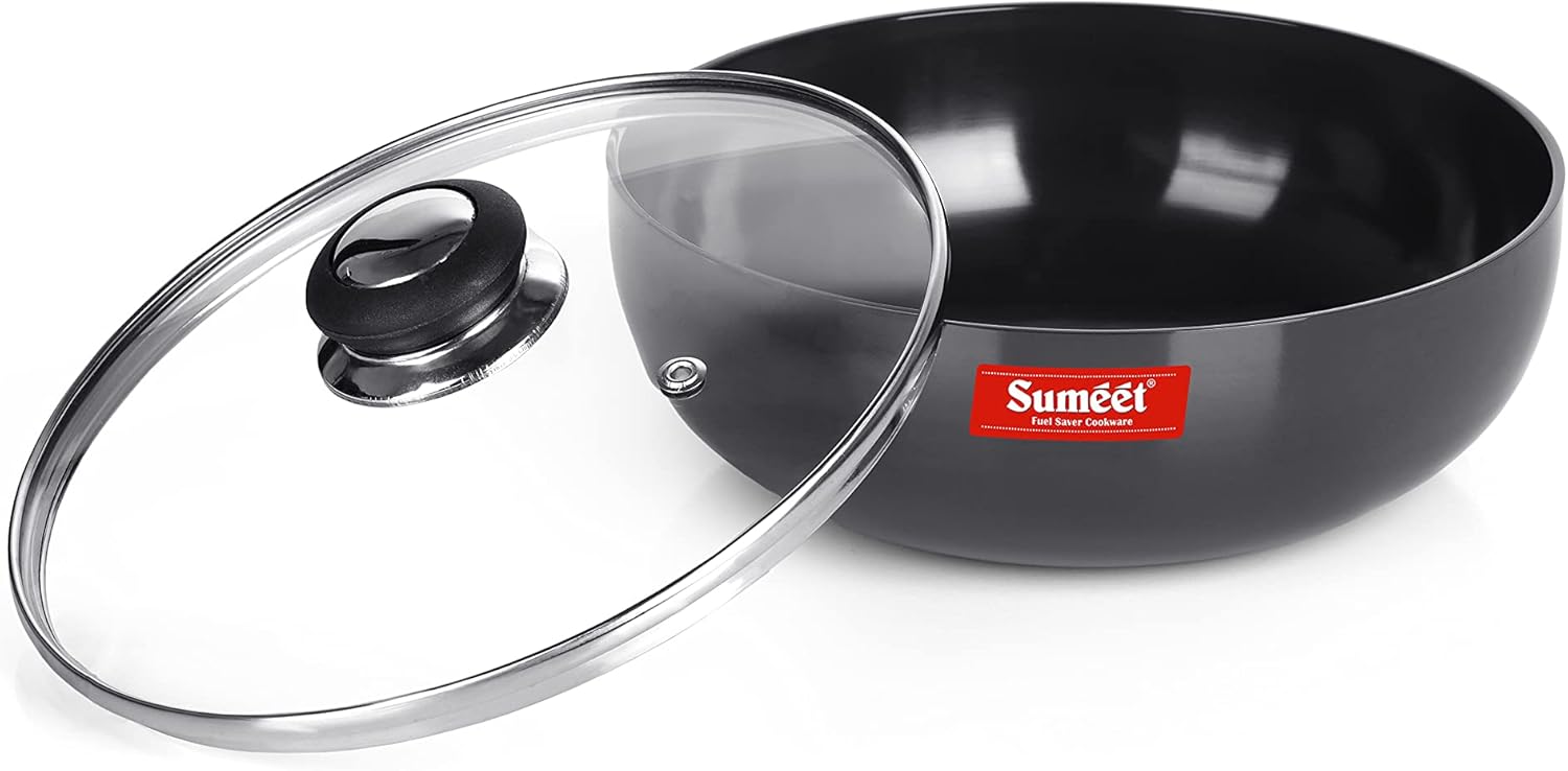 Sumeet 3mm Hard Anodized Deep Tasla with Glass Lid Size No. - 11 (20cm Dia. 1.8 LTR Capacity)
