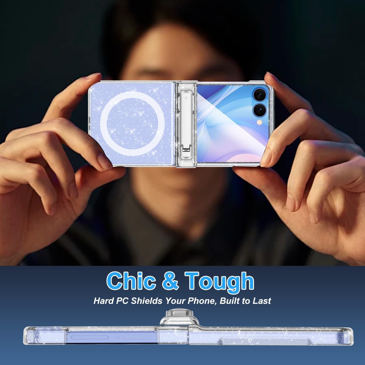 for Galaxy Z Flip 7 Case, [Compatible with MagSafe][Built-in Screen Protector][Kickstand][Hinge Protection], Hard PC Slim Fit Shockproof Protective Case for Samsung Galaxy Z Flip 7, Clear