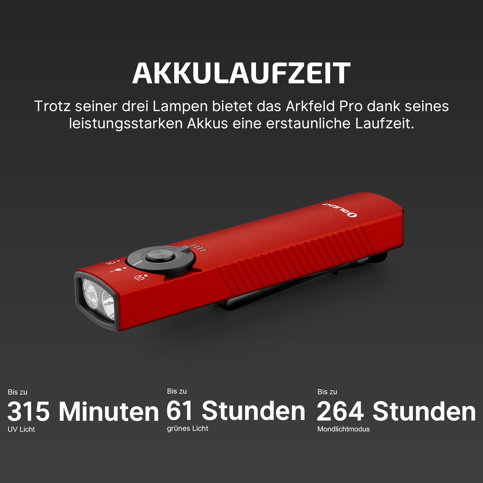 OLIGHT Arkfeld Pro Wiederaufladbare EDC Taschenlampe mit grünem Licht, UV und weiße LED Lampe, 1300 Lumen tragbare Handlampe, 3 Lichtquellen für den Außenbereich, Notfall, Arbeiten (Rot)