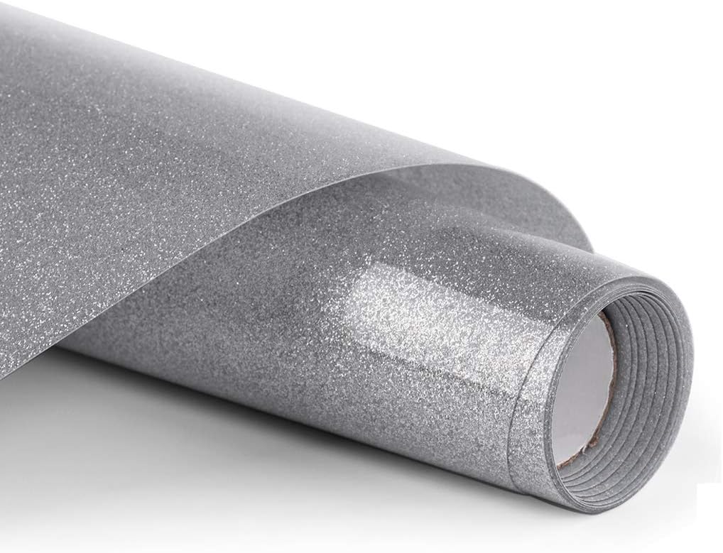 Glitter HTV Vinyl - 12 inch x 5ft PU Heat Transfer Vinyl roll Easy to Cut & Weed and Transfer, Iron On Htv Vinyl Design for T-Shirt, Clothes and Other Textiles(Silver)