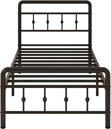 Miniatura 8 de Base de cama individual de 14 pulgadas con cabecero y estribo, marco de cama de metal resistente, estilo victoriano, no necesita somier, fácil