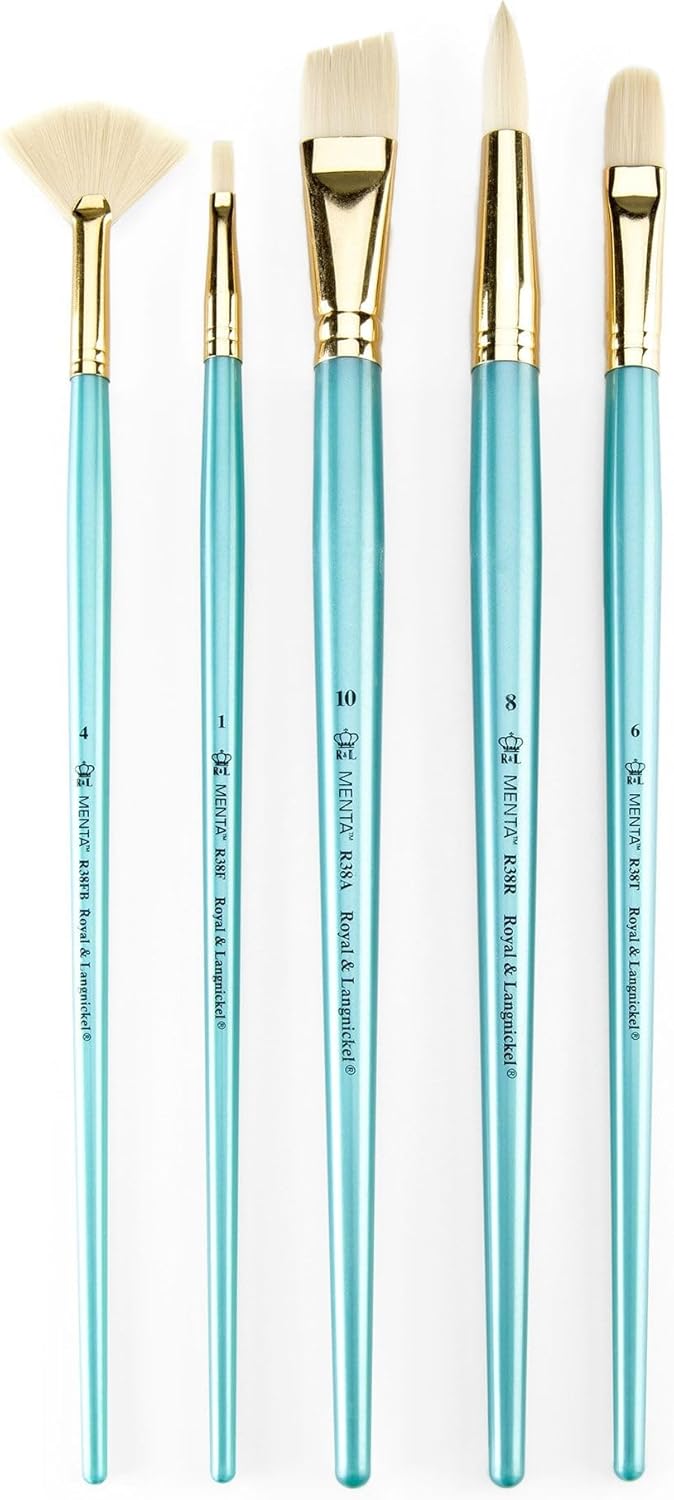 Royal & Langnickel Menta, 5pc Long Handle Angular Variety Brush Set for Acrylic & Oil Paints, Includes - Angular, Filbert, Flat, Round, & Fan Brushes
