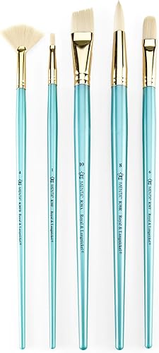 Royal & Langnickel Menta - Juego de 5 pinceles angulares de mango largo para pinturas acrílicas y al óleo, incluye pinceles angulares, filbert,