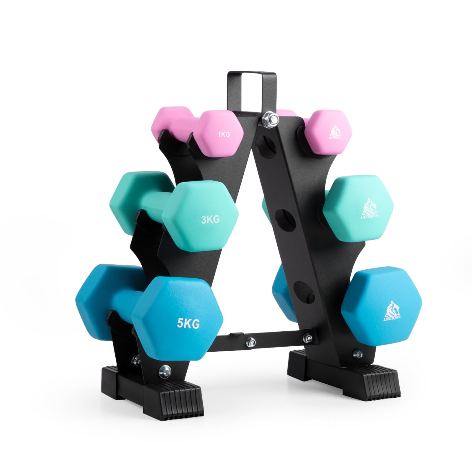 LIONSCOOL Premium Neoprene Dumbbell Sets of 3 Pairs or 5 Pairs With Solid Portable Steel Rack For Home Gym (Pastel Tide, 1+3+5)