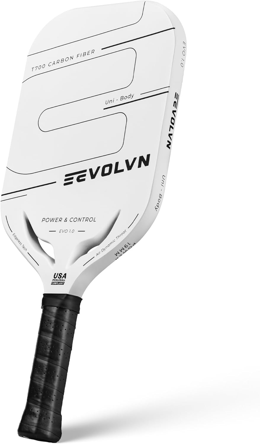 Pickleball Paddle Racket, Toray T700 Carbon Fiber, Edgeless Polypropylene Core, 19 mm, Balanced Power and Control, Textured Surface for Spin, Air-Throat, Lightweight, White, Designed in USA