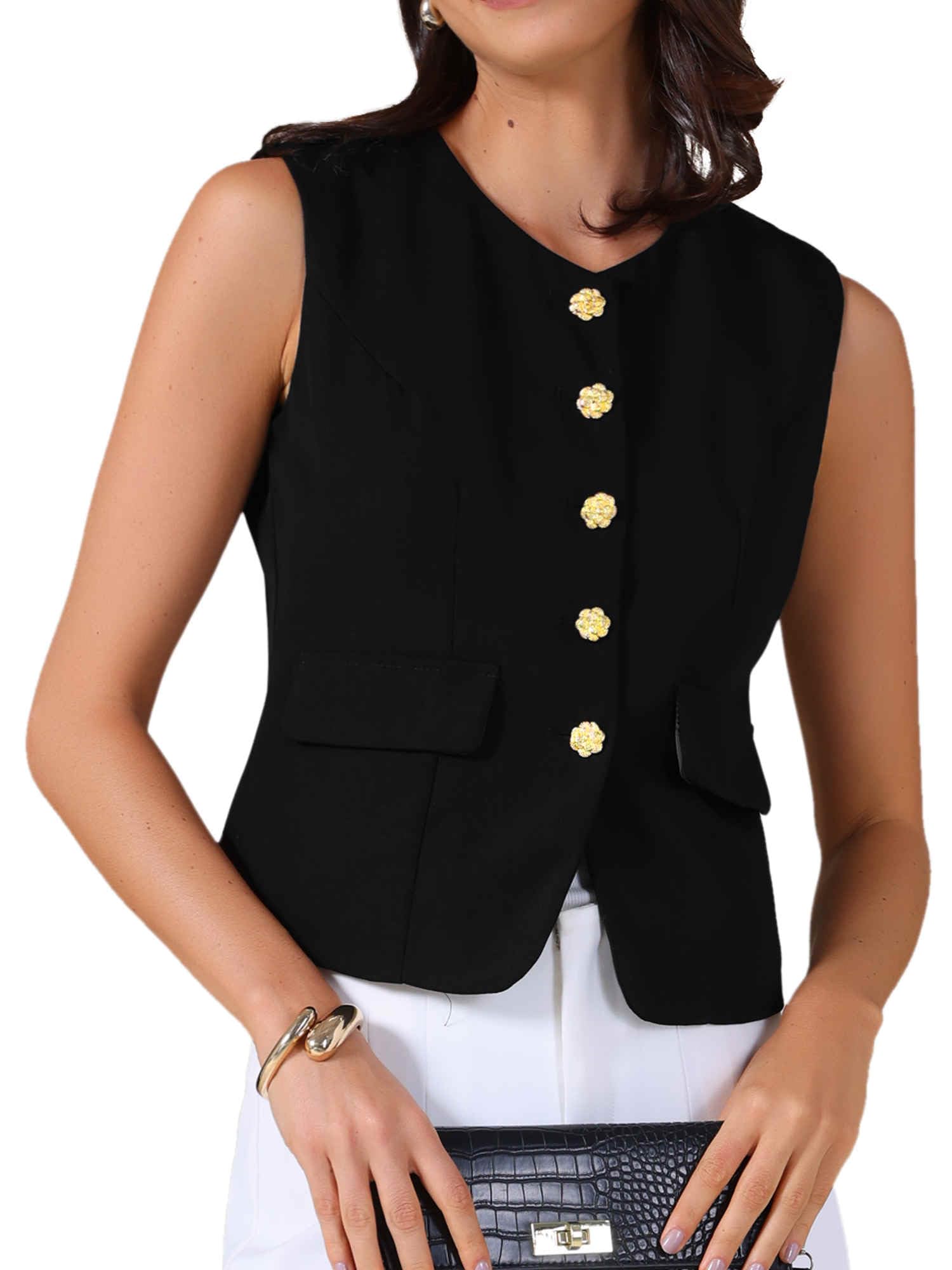 Allegra K Gilet de Costume Femme à Col Rond Femme Blazer sans Manches avec Boutons Veste Décontractée d'affaires