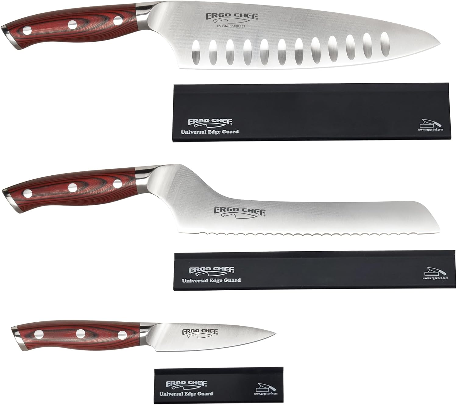 Ergo Chef Crimson Series 6 Piece Set 8-In Chef knife, 8-In Off-Set Bread Knife, 3.5-In Paring Knife, 3 Knife Covers/Edge Guards - Forged German Stainless Steel - Durable G10 Handless