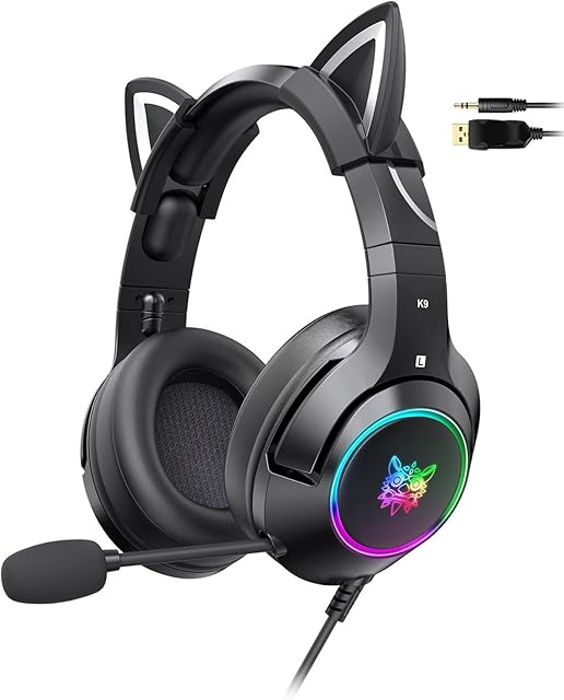 Gaming Headset with Removable Cat Ears, Cat Ear Headphones with Retractable Microphone, Black Cat Ear Headset with Surround Sound, RGB Backlight & Noise Canceling for Xbox/ PS4/ Switch/Mac/Phone