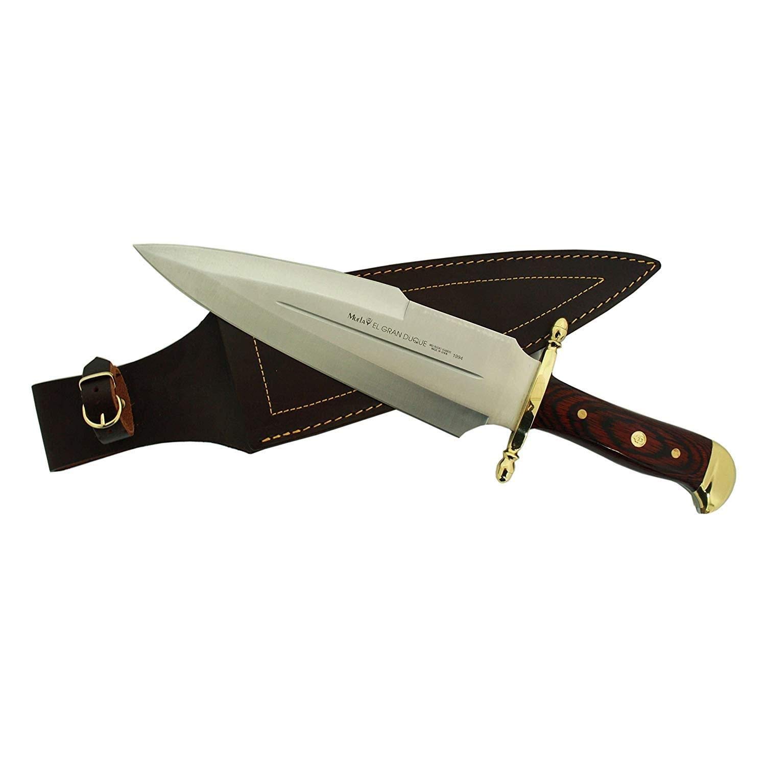 Muela Cuchillo Gran Duque DUQUE-25M hoja de acero ACX-380 de 26 cm y empuñadura de madera coral para Caza, Pesca, Supervivencia y Bushcraft Realizado en Ciudad Real + Portabotellas de regalo