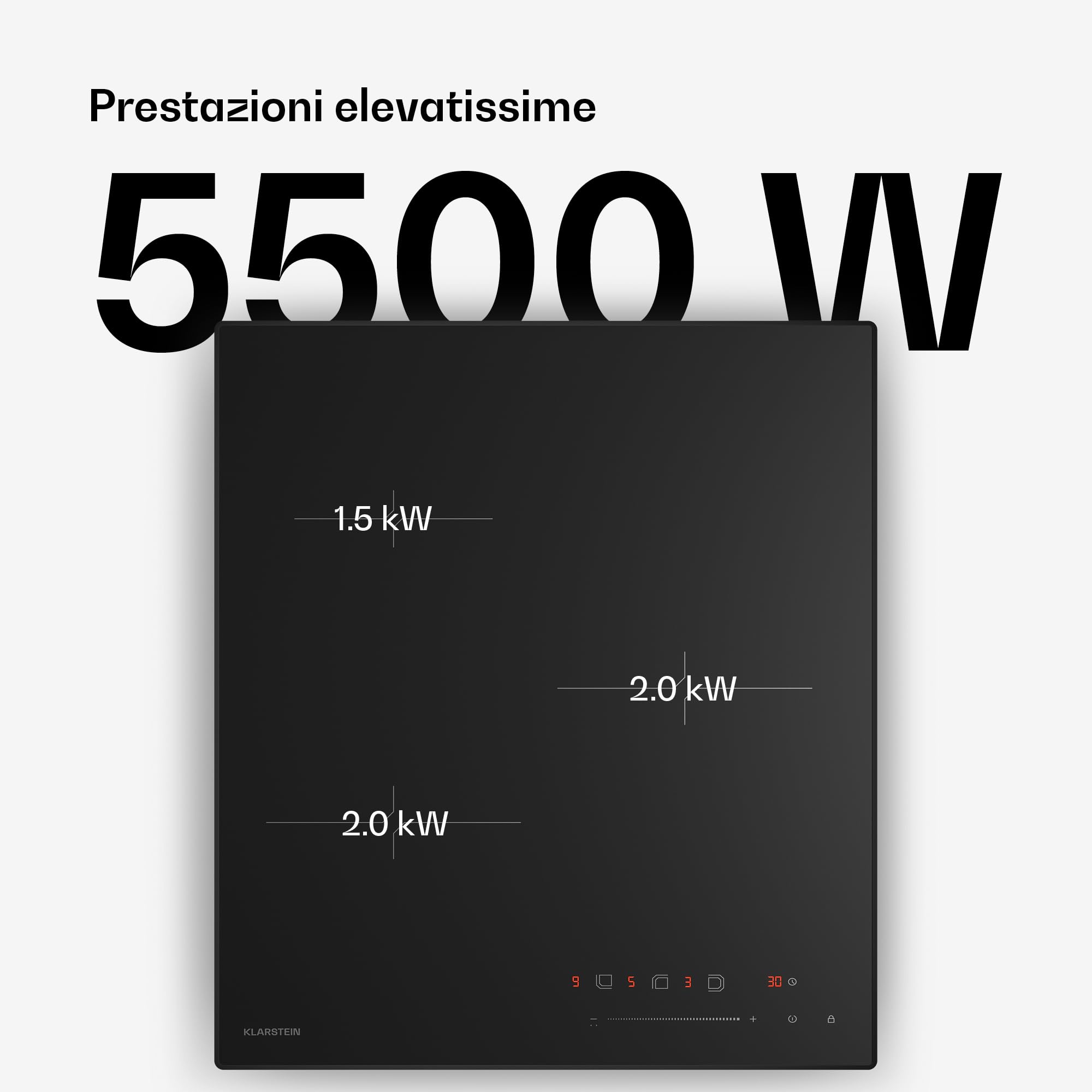 Klarstein Velaire Piano Induzione 45cm - 3 Zone, 5500W, Cursore Touch, Timer, Blocco Bambini, Calore Residuo, Vetro Nero, Piastra Induzione Compatta per Cucina Moderna