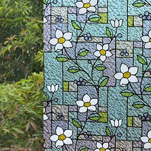 VSUDO 1 Roll 17.7" by 78.7" Privacy Window Film, Frangipani Flower Pattern Window Tint, Static Cling Window Glass Sticker for Home (9.68 Sq. Ft Total)