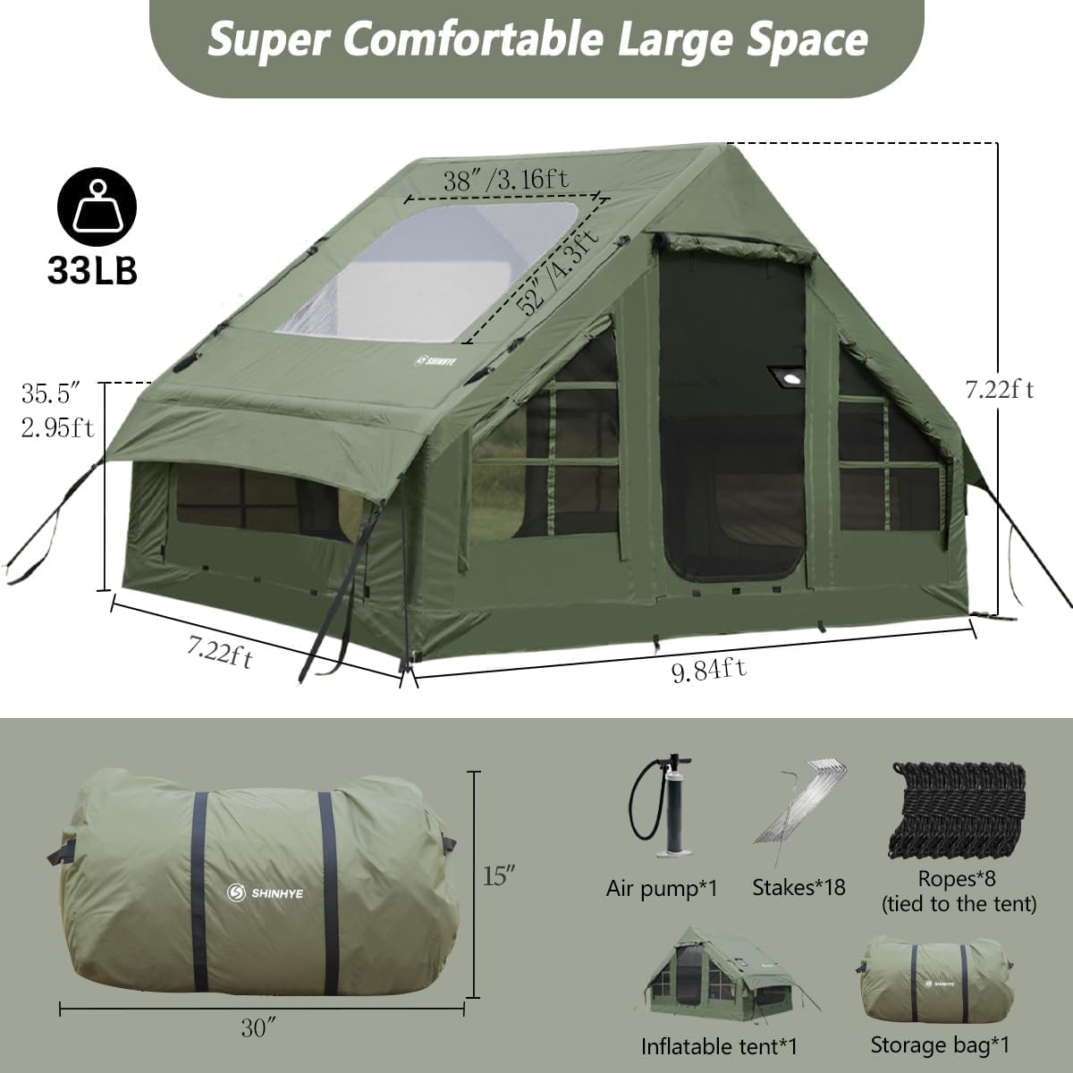 Inflatable Tent for Camping Large Blow Up Tents Glamping 2-4 Person House 4 Season Air with Pump Easy Set up Waterproof Outdoor Oxford (6.6 sq ft Army Green)