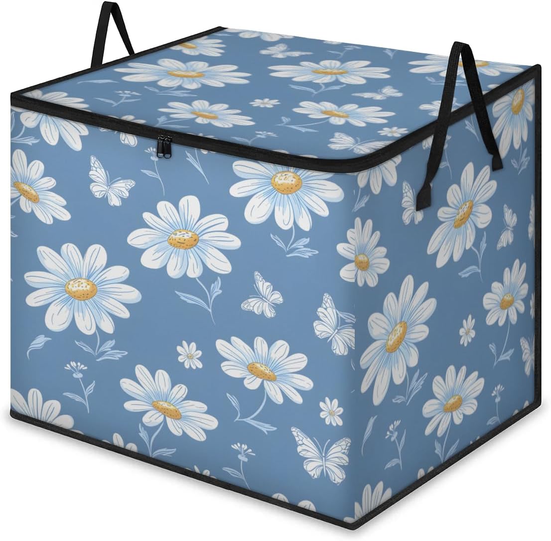 Honeybaby 214L Extra Large Comforter Storage Bag Refreshing Daisy Flowers Storage Totes with Lids Waterproof Closet Organizer Folding Blanket Storage Bags for Clothes Bedding Pillows
