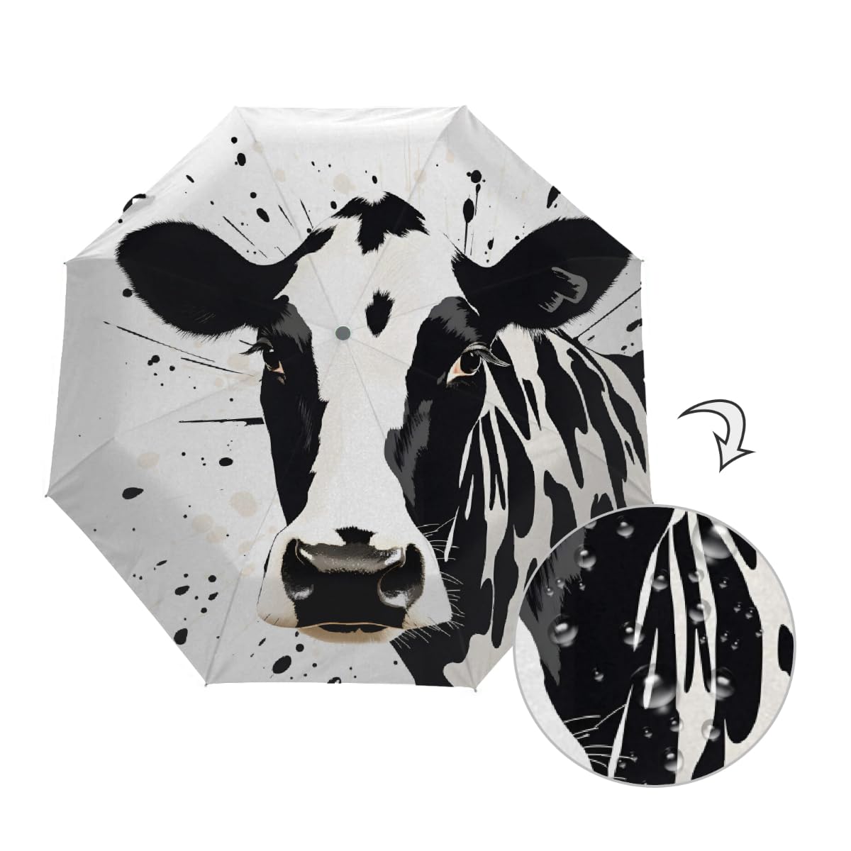 Ombrello da viaggio pieghevole in stile astratto con mucca, ombrello compatto antivento impermeabile con protezione UV rivestimento nero leggero 8 coste portatile per pioggia sole
