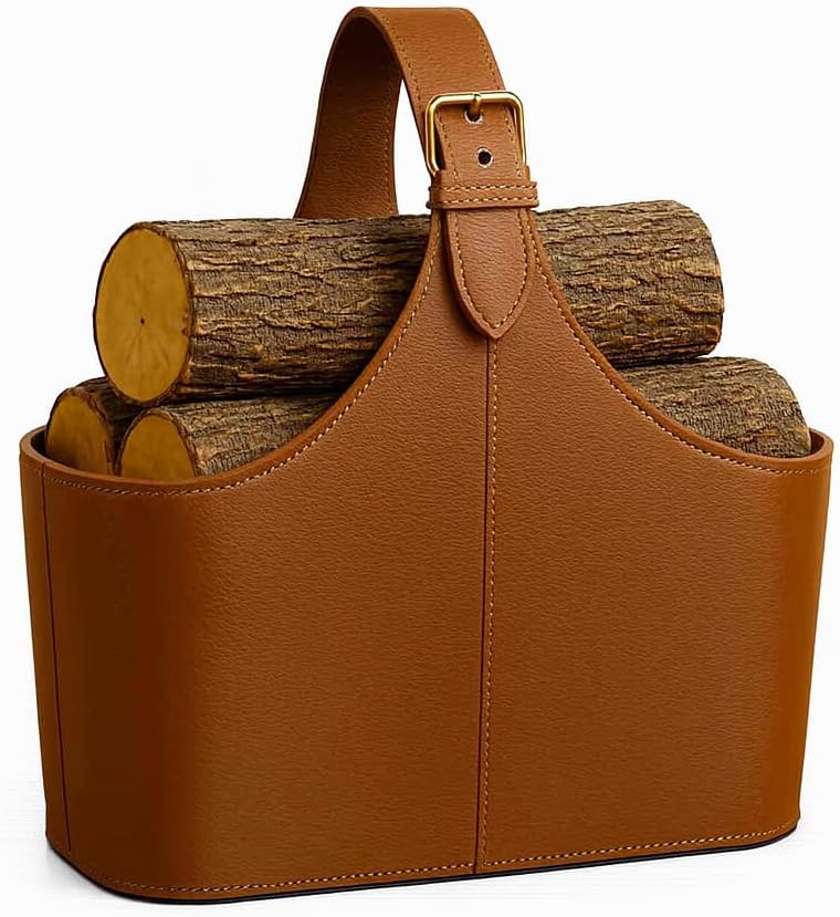 Handcrafted Genuine Leather Firewood Log Carrier, Heavy-Duty Fireplace Wood Tote with Adjustable Strap, Rustic Indoor Outdoor Wood Holder