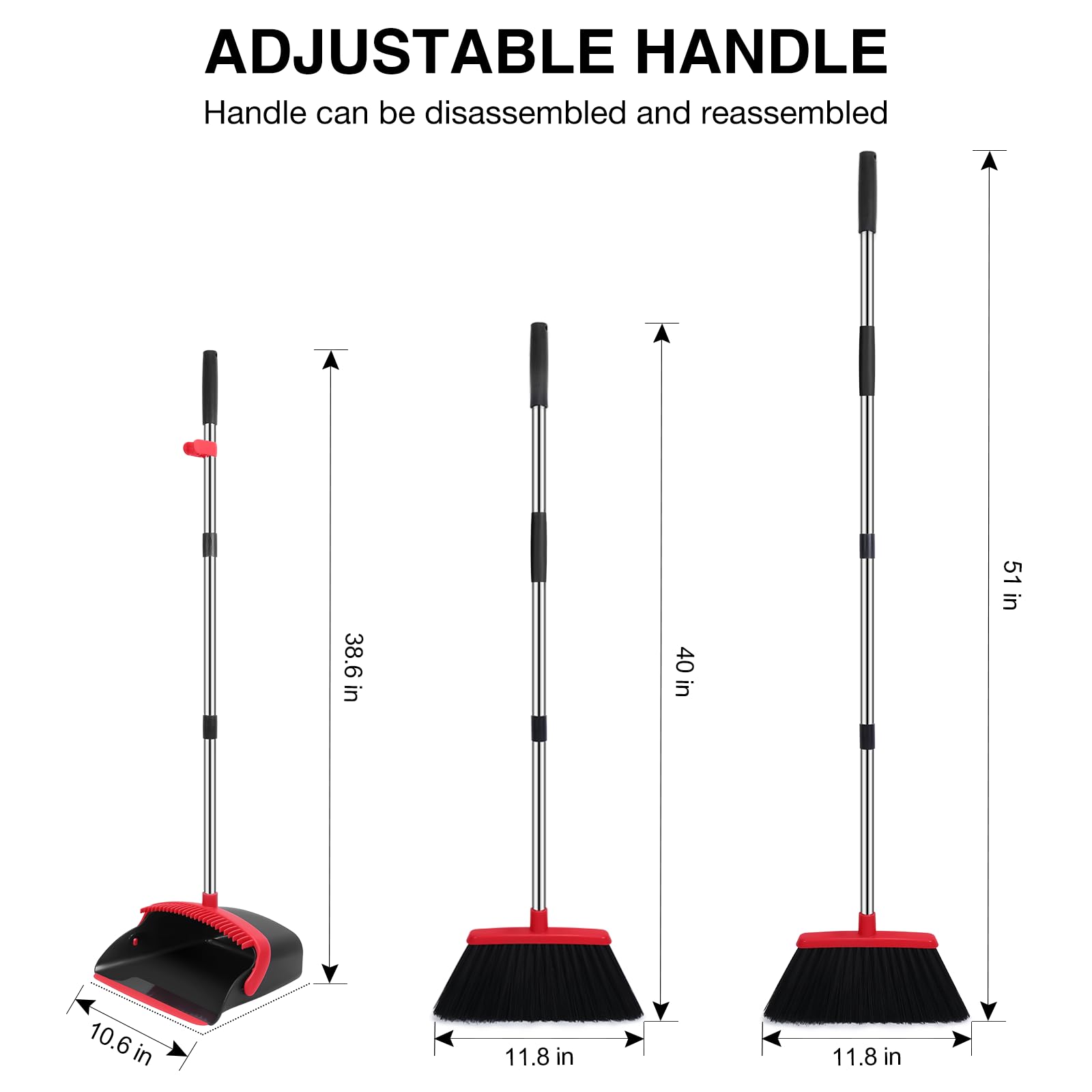 NACENA Besen- und Kehrschaufel-Set, 132,1 cm lang, Verstellbarer Griff, Besen, Kehrschaufel mit Kehrschaufelzähnen zur automatischen Haarreinigung, geeignet für Zuhause, Küche, Büro, Flur, Boden