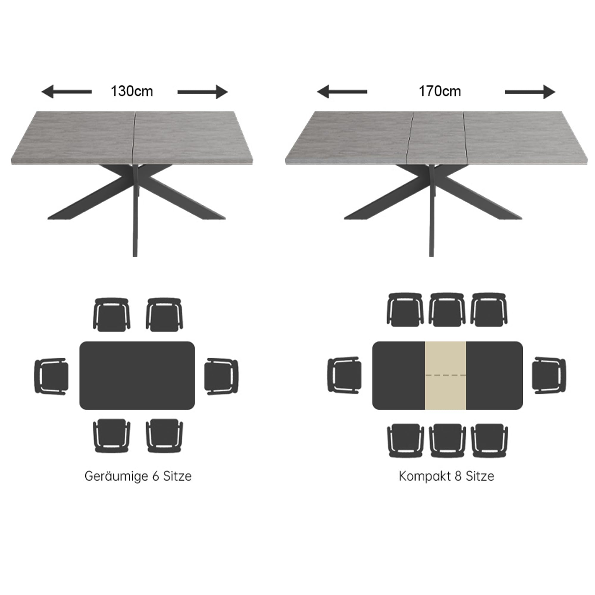 JIEXI Essgruppen Für 4-6 Personen, Esstisch Ausziehbar, Moderner Grauer MDF-Holztisch, Geeignet Für Wohnzimmer, Küche, Versammlungen