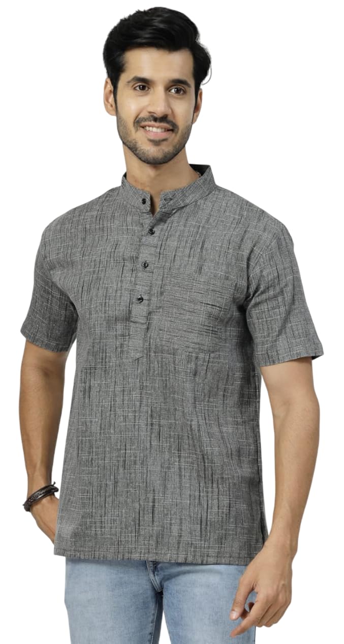 Men's Cotton Blend Regular Fit Half Sleeves Striped Short Kurta-image-32