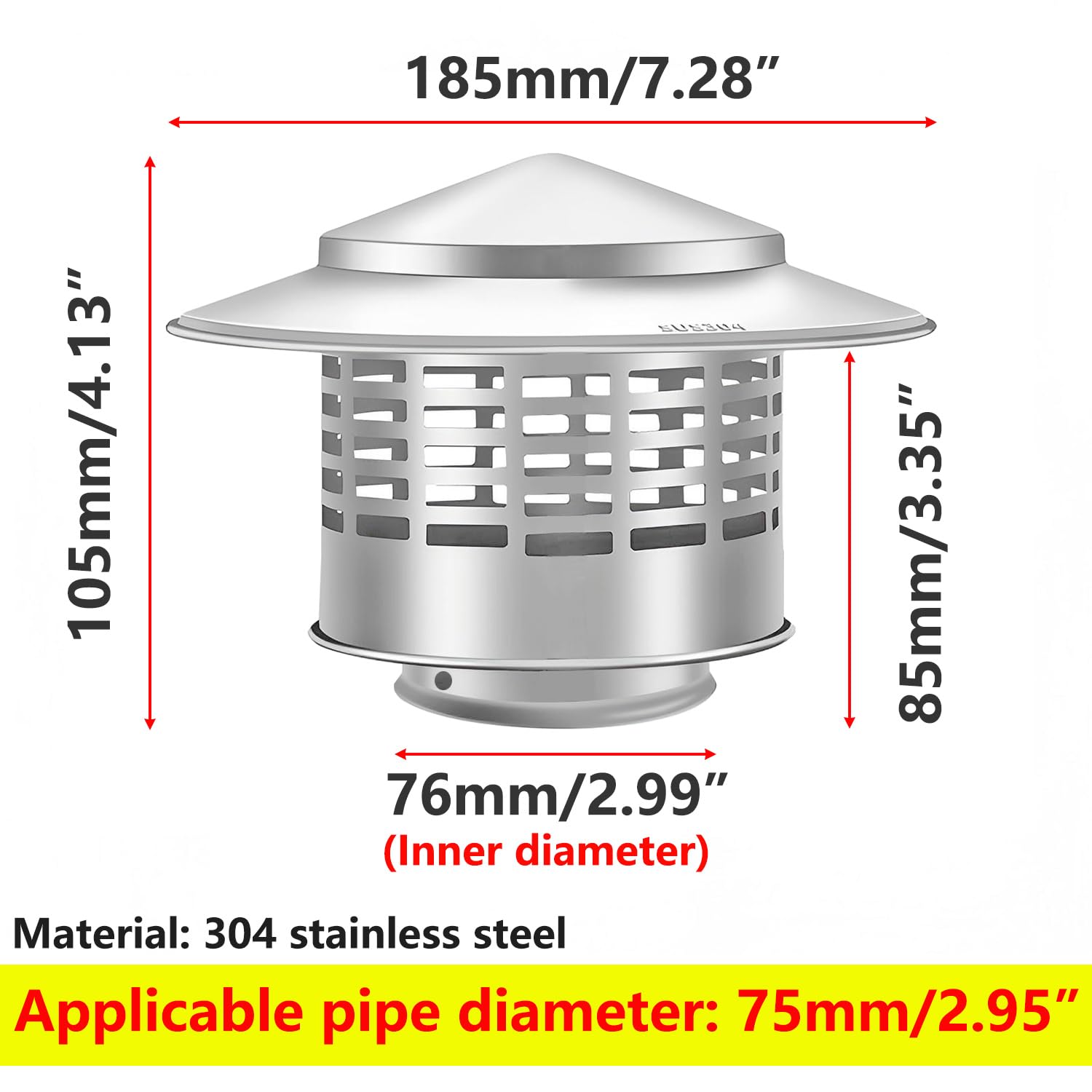 Qrity 1 Pcs 304 Stainless Steel Chimney Cover Cap, Round Air Vent Covers, Round Vent Top Exhaust Roof Cap - Image 2