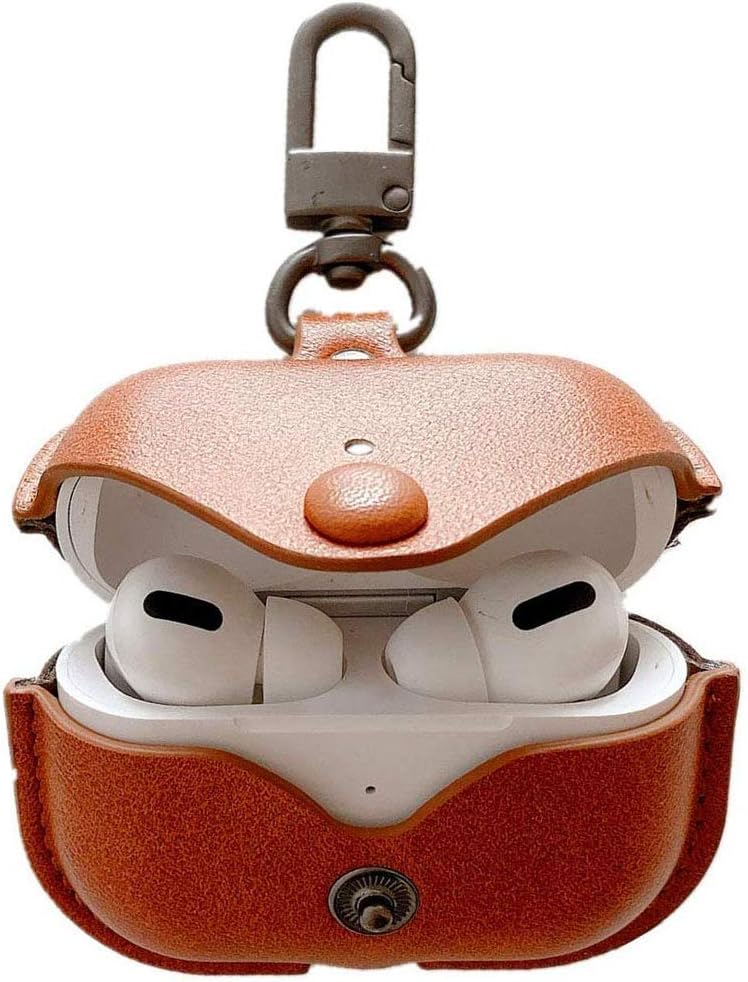 Nigaee for AirPods Pro Case (2019 Release), Genuine Leather Protective Case Compatible for Apple Airpods Pro Wireless Charging Covers Soft Slim Skin with Keychain Hook, Visible Front LED, Brown