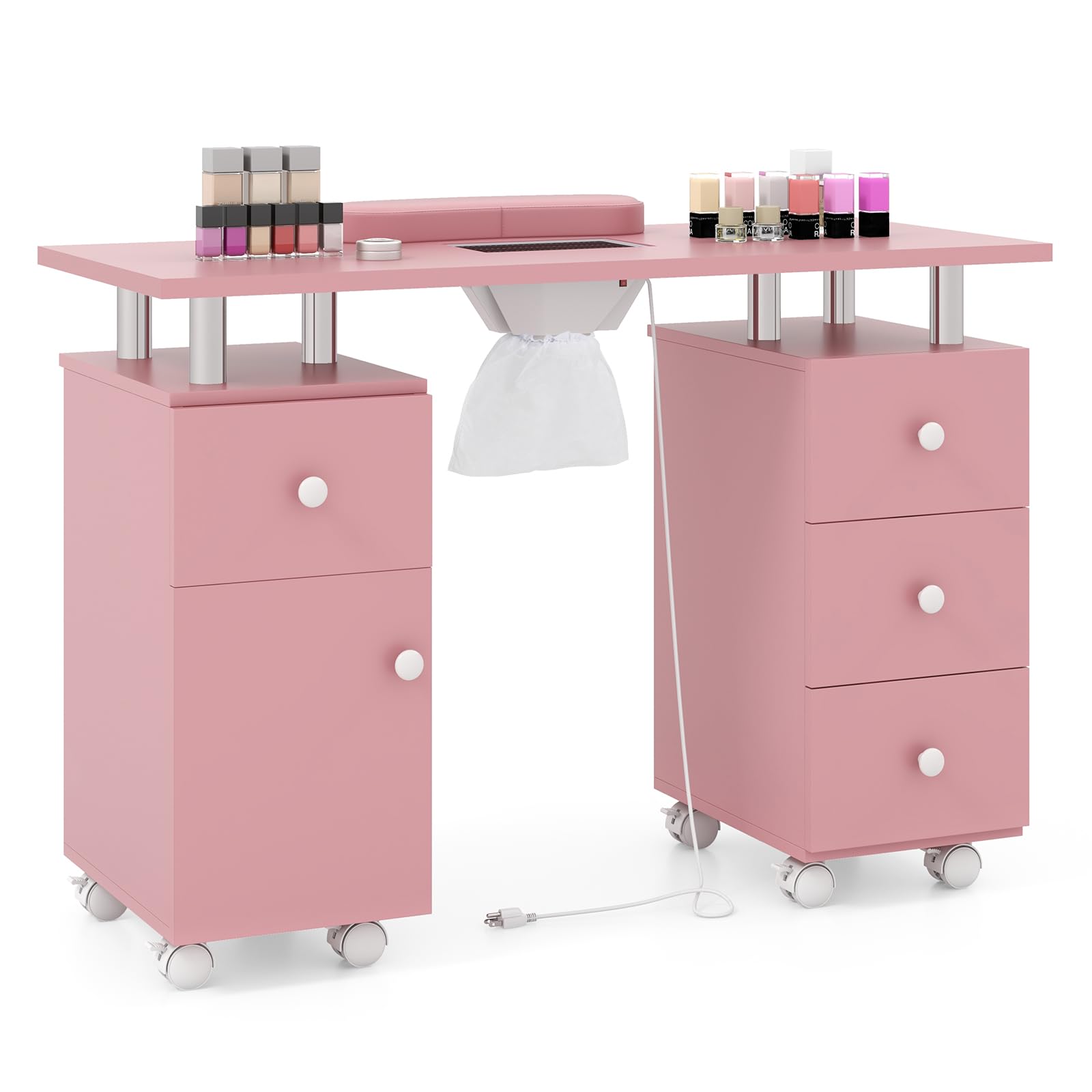COSTWAY Mesa de Manicura con Aspirador Eléctrico, 3 Bolsas para Polvo, Reposamuñecas, 6 Cajones, Mesa para Uñas con 8 Ruedas, Mesa Manicura Profesional para Salones de Belleza, 108x45x76 cm (Rosa)