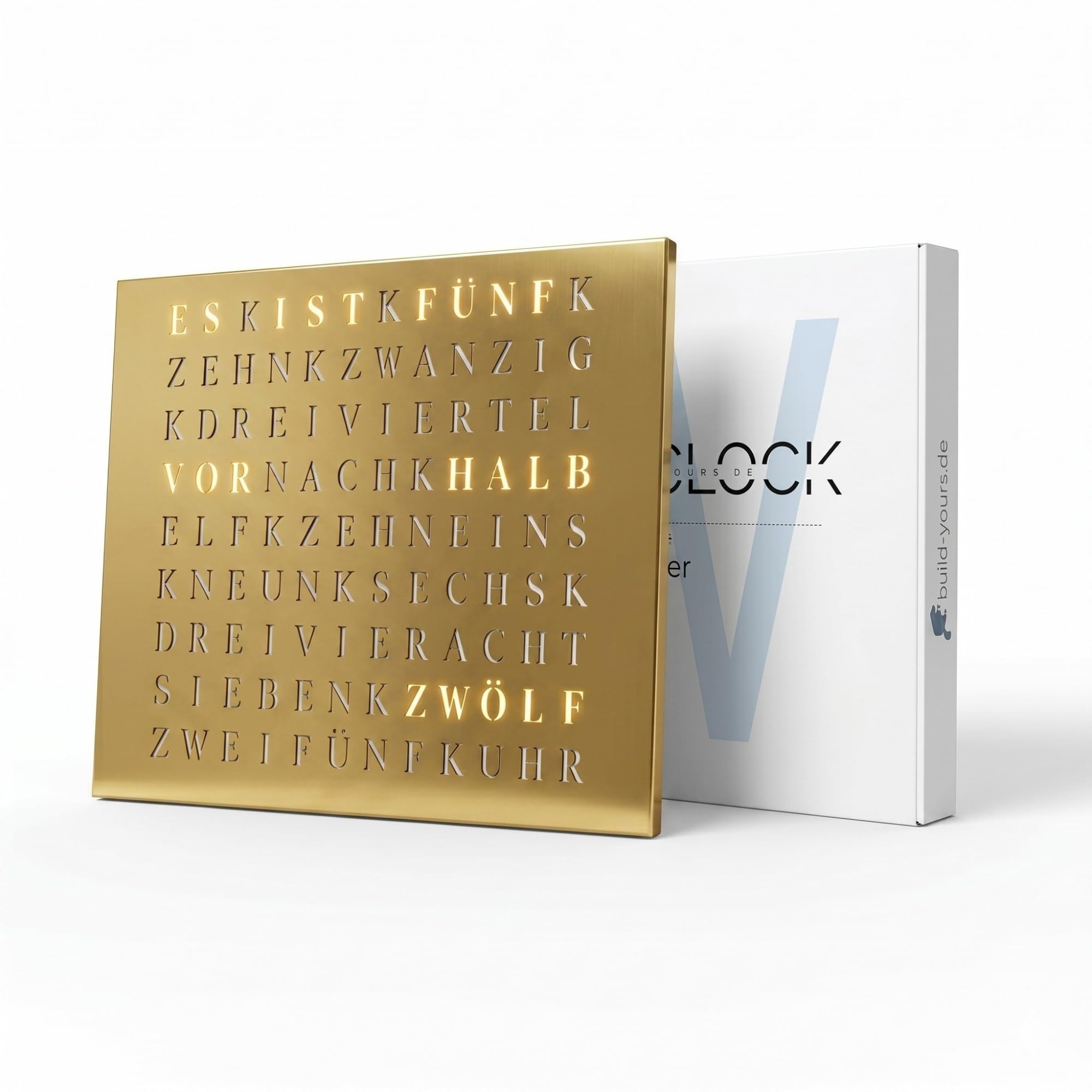 WordClock Jupiter 2 - Gold Edition (50 × 40 cm), orologio premium con verniciatura a polvere dorata e design Infinity Edge, RGBW 4,29 miliardi di colori, RTC in tempo reale e software IO Advanced