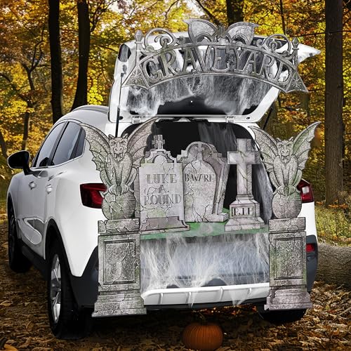Image of JOYIN Halloween Tombstone Trunk or Treat Car Garage Decoration Outdoor with Gargoyles, Arch Monument, Spider Web and Non-Woven Fabric for Entryway Archway Haunted House Decor