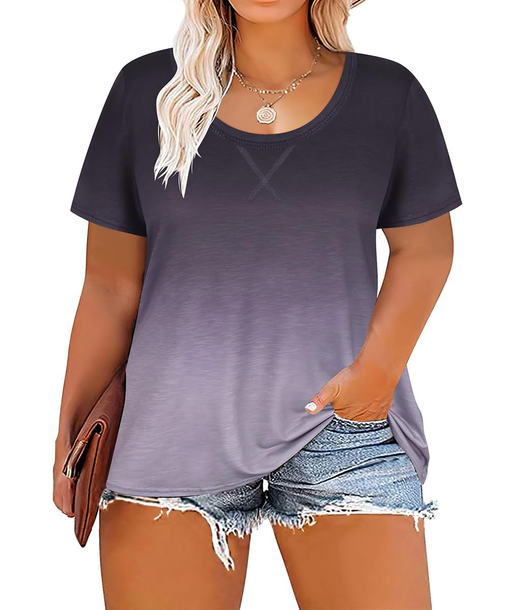 CARCOS Plus Size Tops for Women Short Sleeve Shirt Summer Star/Leopard/Tie Dye/Flower Crewneck Pullover Tunic XL-5XL