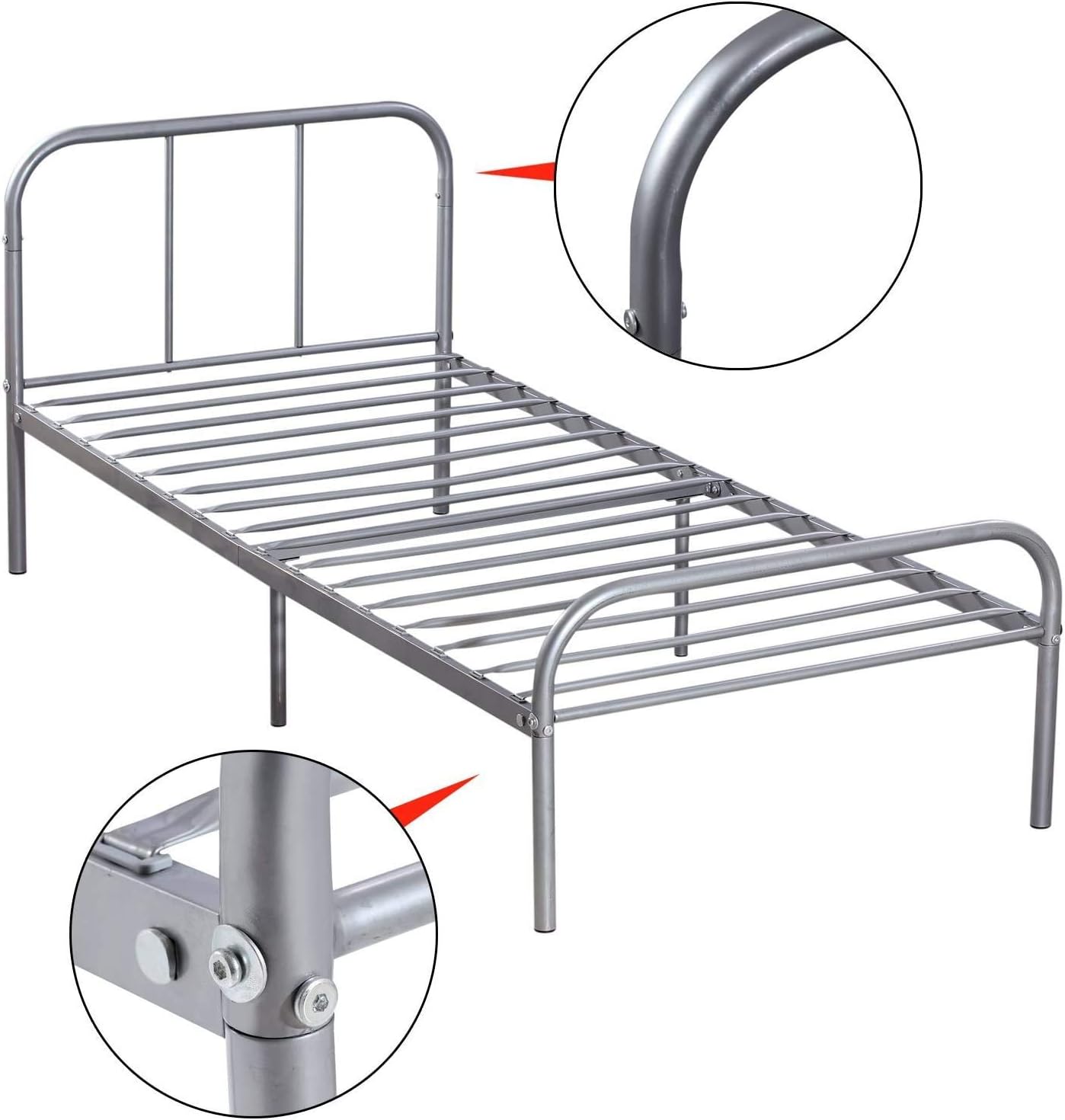Voilamart Twin Metal Bed Frames Headboard and Footboard，Solid Sturdy Metal Slat， Single Bed with Storage,6 Legs Bed Frame Platform No Box Spring Needed,Twin Bed Frame Set for Kids (Silver)
