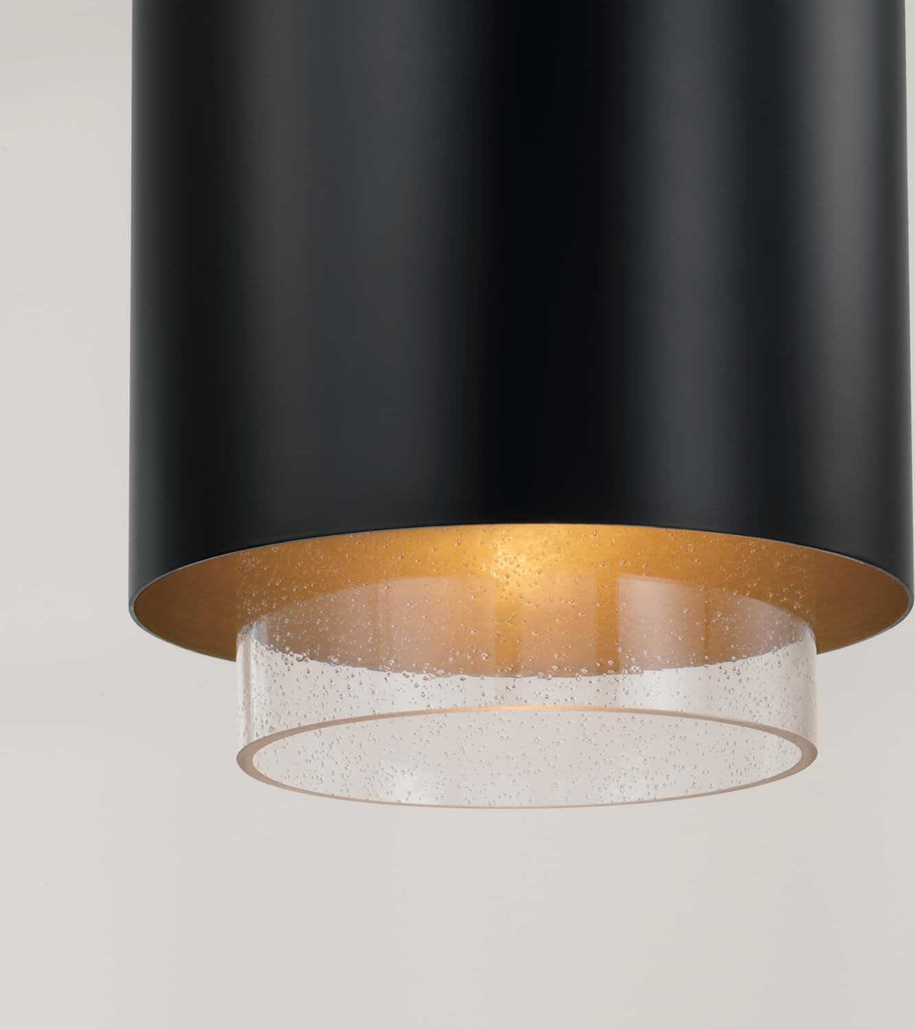 Capital Lighting 353011RK Weller Modern Clear Seeded Glass Metal Shade with Brass Interior Cylindrical Pendant, 1-Light 100 Watt, 20" H x 12" W, Matte Brass and Black