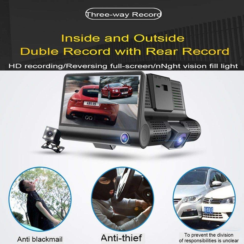Hikity USB Dash Camera DVR 3 Cameras Lens 4'' Car Dash Camera Dual Lens | Dash CAM 1080P Grabación en Bucle Sensor G Monitor de Aparcamiento 170° Gran Angular Motion Sensor Tarjeta SD USB