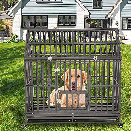 Image of KELIXU 48 inch Heavy Duty Dog Crate Large Dog cage Dog Kennels and Crates for Large Dogs Indoor Outdoor with Double Doors, Locks and Lockable Wheels, Black