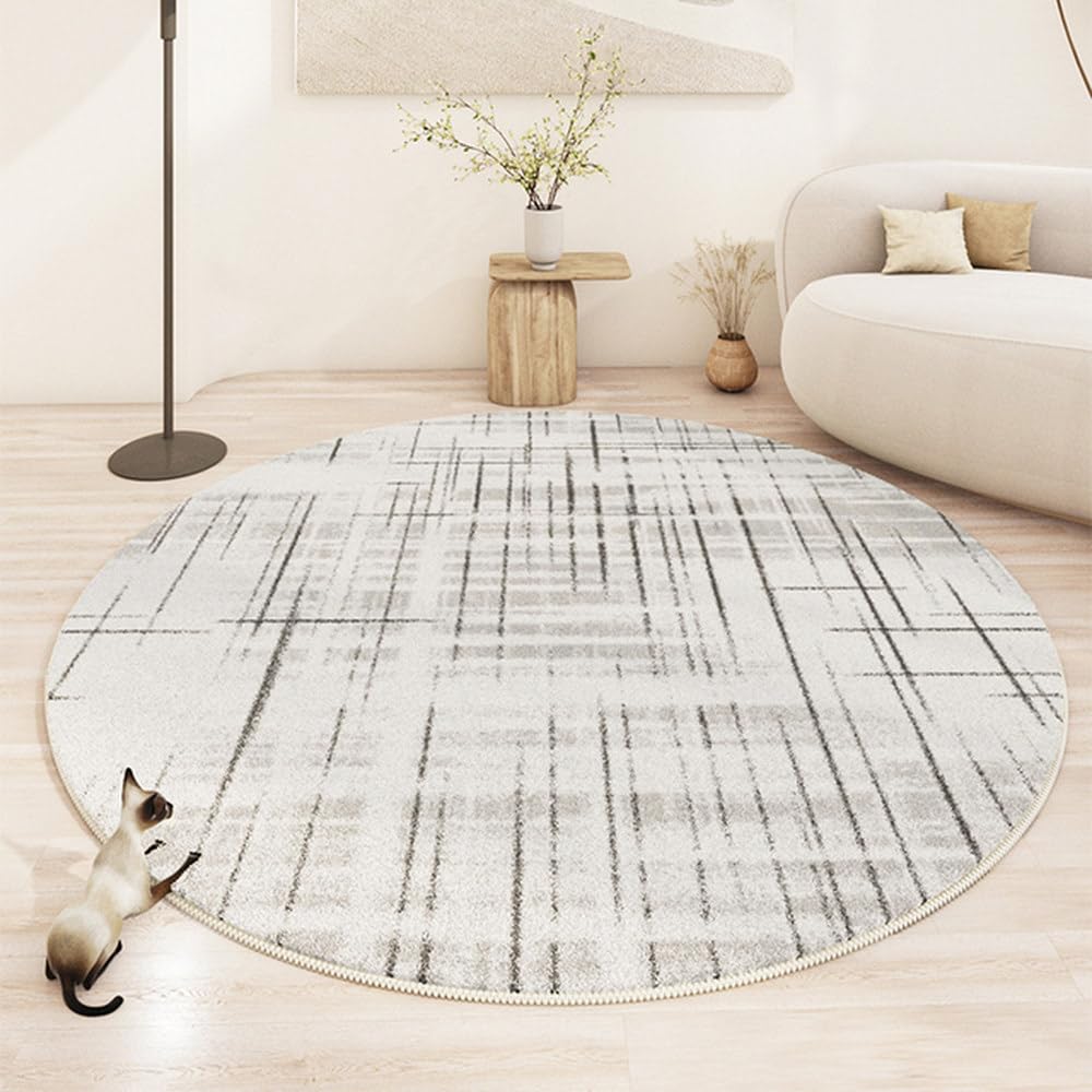 Tapis rond épais 160x160 cm en peluche beige N pour décoration de salon