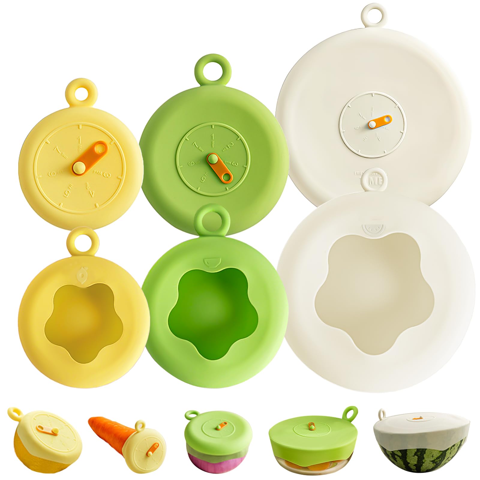 Lot de 6 couvercles extensibles en silicone de qualité alimentaire réutilisables avec horloges, couvercles en silicone pour conserver la fraîcheur des fruits, légumes et bols, passent au micro-ondes